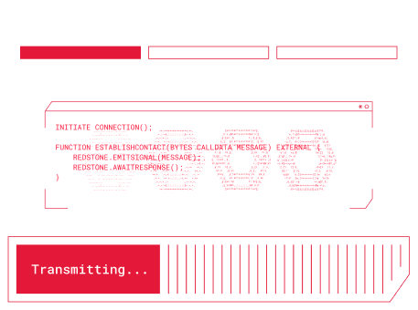 Red digital interface with a code window displaying a function and three hexagonal shapes, and a transmitting status bar at the bottom.